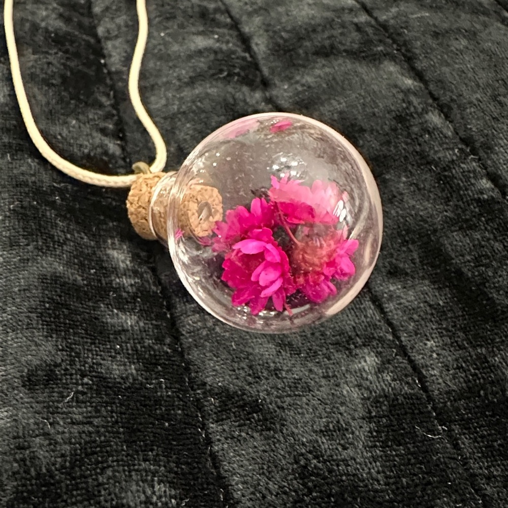 Pink Floral Glass Pendant Necklace Coquette Boho Naturegirl Feminine Unique